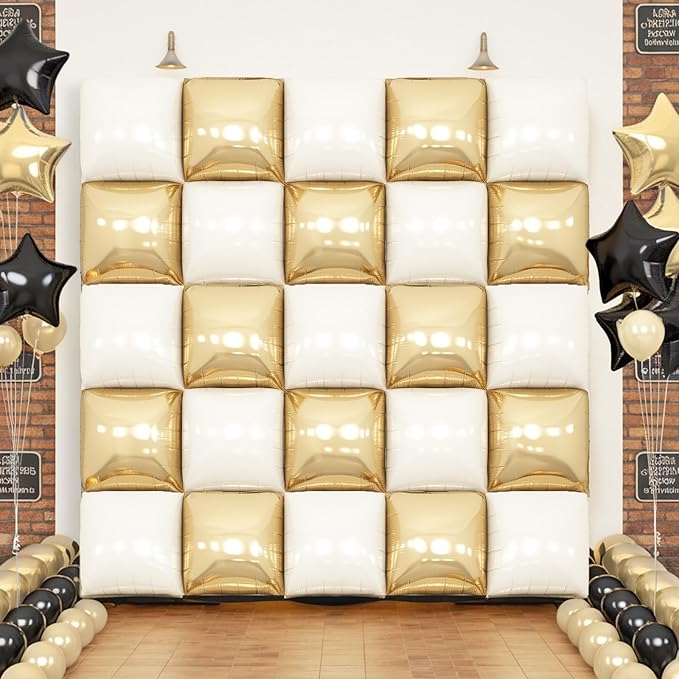 Sand White Gold Square Foil Balloon Wall,25Pcs Double Sided Foil Balloons Backdrop Helium Tunnel Arch Garland Kit for Birthday New Year Bridal Wedding Anniversary Baby Shower Party Decorations