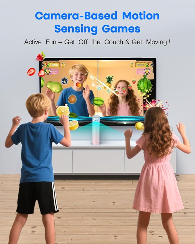 Motion Sensing Game Console - 28 Fun Games, Plug & Play, Light Physical Exercise & Entertainment for Kids & Family, Compatible with TV, PC, Projector—White&Pink