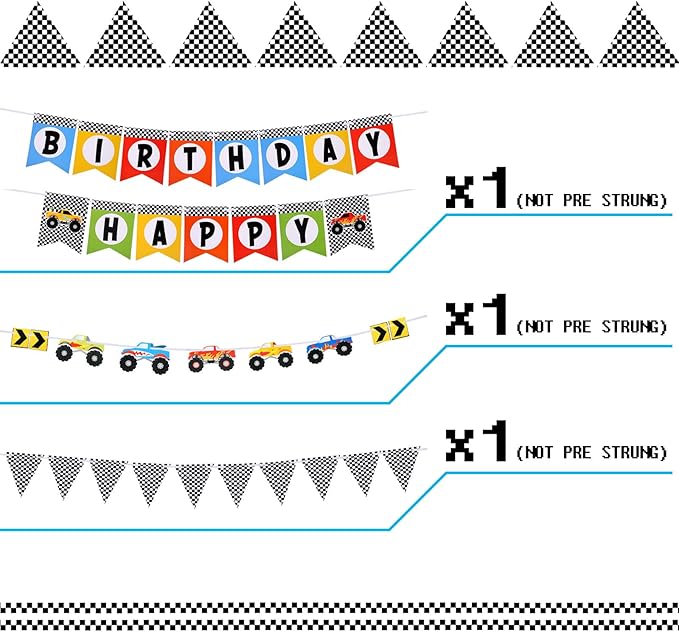 Skylety Monster Truck Birthday Party Supplies Truck Birthday Banner Triangle Bunting Hanging Swirls Multicolor Balloons Honeycomb Table Centerpieces Paper Fans