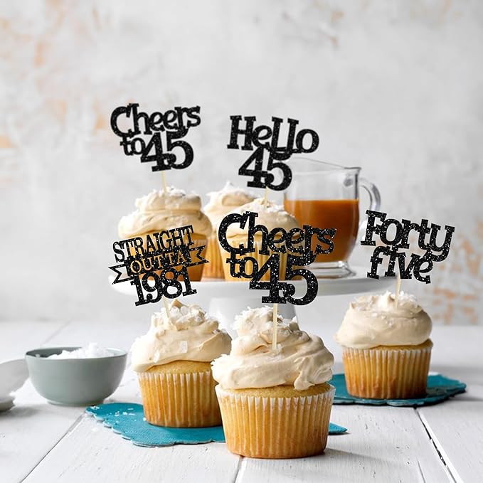 Ephlyn 24Pcs 45th Birthday Cupcake Toppers Glitter Straight Outta 1981 Cupcake Picks Hello 45 Cheers to 45 Years Cake Decorations for 45th Birthday Anniversary Party Decorations Supplies Black