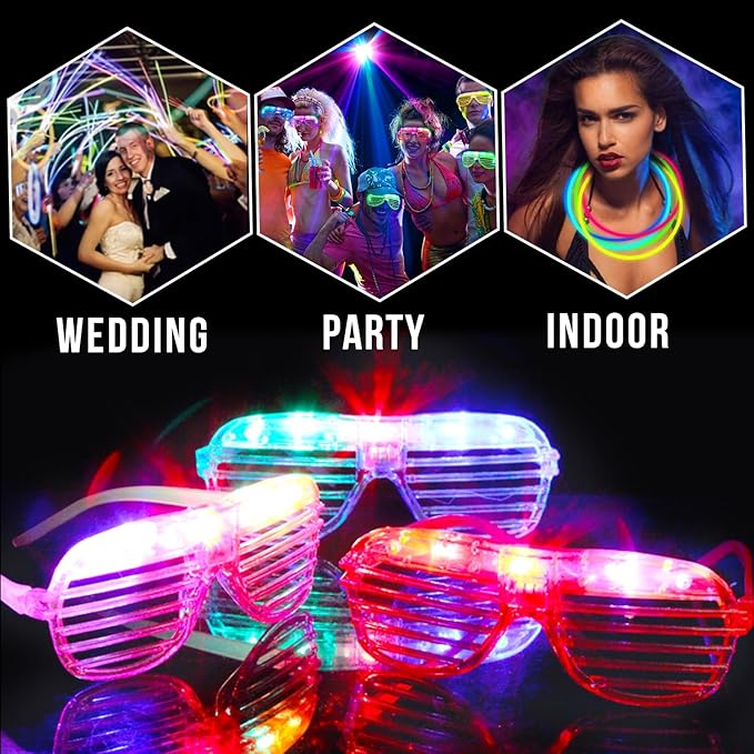 TURNMEON 125 Pack Glow in The Dark Party Supplies Light Up Party Favors with 100 Glow Sticks and 25 Led Glasses Shutter Shades Sunglasses Neon Glow Accessories Easter Basket Wedding Birthday Concert