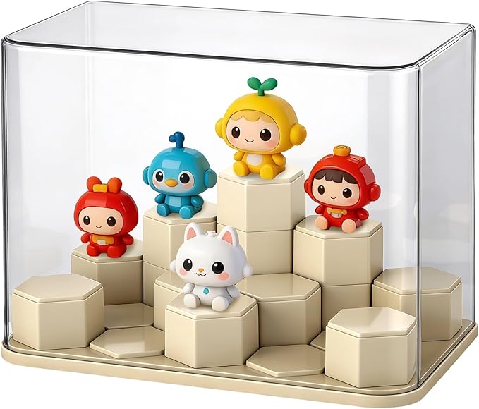 DIY Stackable Figure Display Case, Acrylic Display Box with 14 Movable Hexagonal Blocks, Large Dustproof Showcase Box, Clear Display Cabinet for Collectibles Action Figures Miniatures
