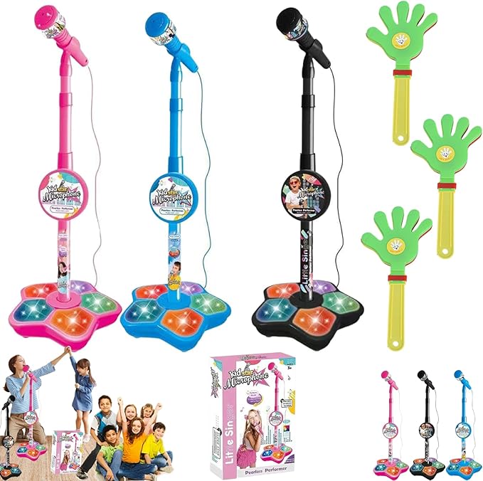 The All-in-One Microphone Toy, Kids Microphone with Stand, Adjustable Stand, Speaker & LED Lights, Funny Karaoke Microphones Toy for Singing, Boys & Girls (Pink*Black*Blue)