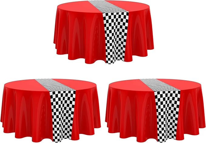 Oudain 3 Pcs Cars Birthday Party Supplies Racing Party Decorations Round Racing Tablecloth Checkered Flag Table Covers Road Plastic Table Cloth, 1950s Disco Dancing Party Tablecloth (Red)