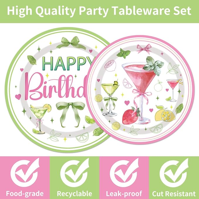 96 Pcs Martini Happy Birthday Party Supplies, Martini Bow Plates and Napkins Tableware Set, Tini Bit Older Birthday Decorations, Bar Bachelorette Party Disposable Dinnerware Serve 24 Guests