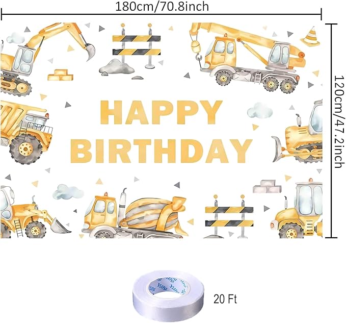 Construction Happy Birthday Backdrop Decorations Construction Happy Birthday Banner Engineering Vehicle Photo Background for Home Indoor Outdoor Party Decorations 70.8 x 47.2 Inch