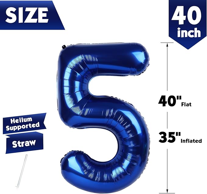 40 Inch Night Blue Number 5 Balloon, Giant 5 Number Balloons for 5th Birthday Decorations, Party Supplies for Baby Boy Girl, Night Blue Party Decor