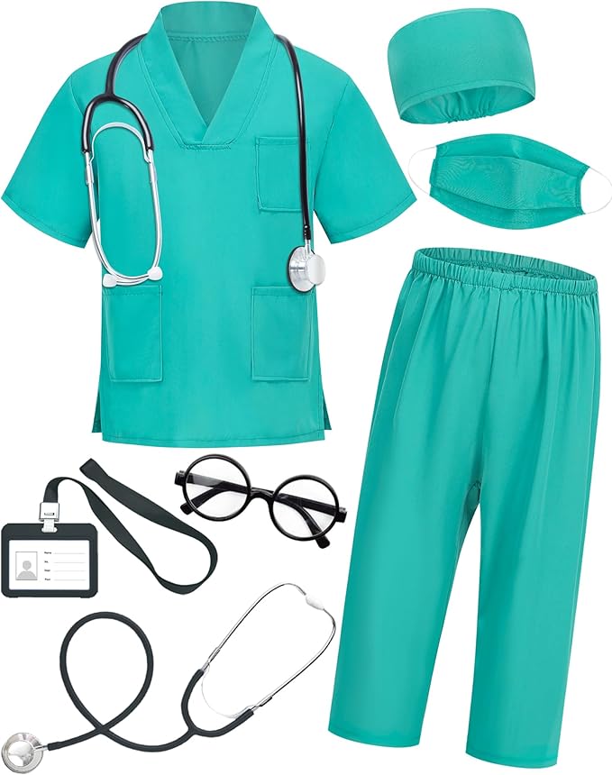 ICECUTE Doctor Costume for Kids Scrubs with Accessories,7Pcs Toddler Halloween Costume for Boy Girls,3-11 Years
