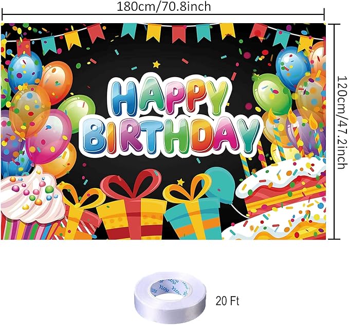 Balloon Cake Birthday Party Backdrop Black Colorful Happy Birthday Banner Balloon Cake Photography Background for Home Decorations Party Supplies 70.8 x 47.2 Inch