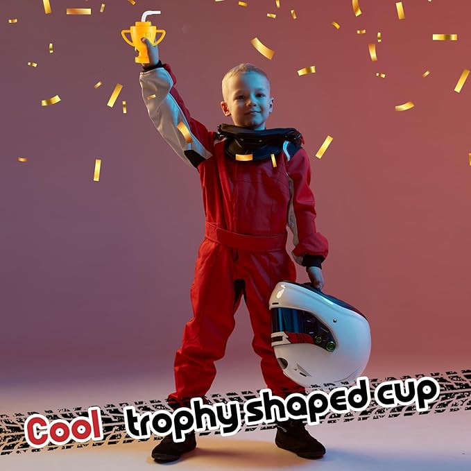Amyhill 24 Pcs Race Car Trophy Cups With Straws and Lids 12 Oz Plastic Race Car Birthday Party Supplies And Favors For Kids Adults Props Rewards Winning Prizes Competitions (Gold)
