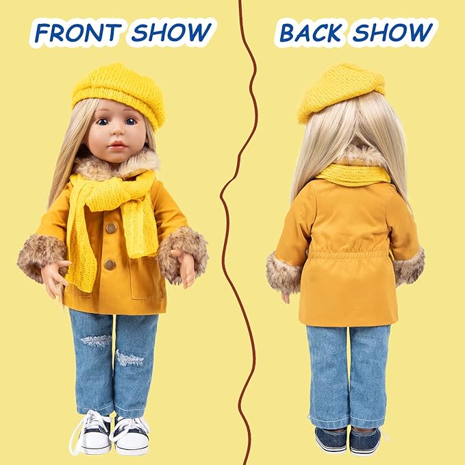 18 Inch Doll Clothes Set 5-PC Fashion Mustard Winter Coat Set Includes Warm Coat, Shirt, Jeans, Yellow Knit Hat & Knit Scarf, Outfits Casual Wear Fits American Girl,Our Generation Dolls
