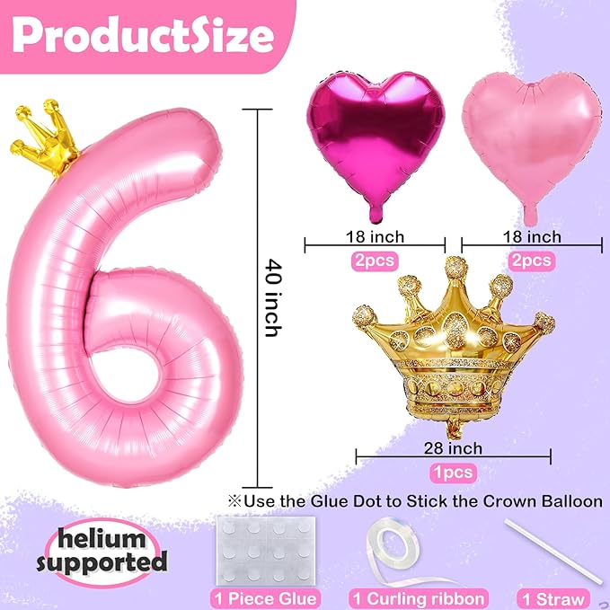 Princess 1st Birthday Party Decorations, 40 inch Large Pink Crown 1 Balloon for Girls’ Princess Decorations, Party Supplies Favors, Anniversaries(Number 1 Foil Mylar Birthday Balloon)