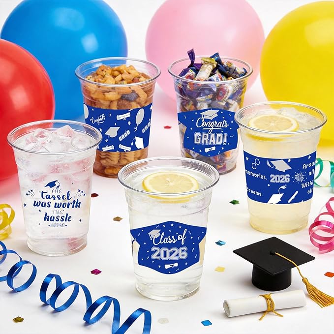 GuassLee Blue Silver Graduation Decorations 2026 Party Cups - 50pcs 12 Oz Blue and Silver Disposable Graduation Plastic Clear Cups for Drinks Class of 2026 Grad Party Supplies