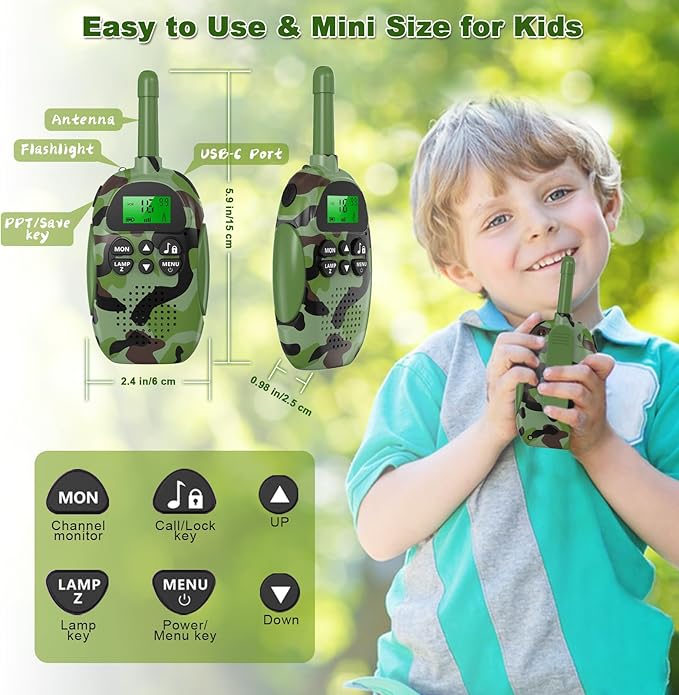 Walkie Talkies for Kids Adult, 2 Pack Rechargeable Kids Walkies Talkies, 3km Long Range, 22 Channels, Kid Birthday Gift for 3-12 Year Old Boys Girls for Outdoor Adventures, Hiking, Camo