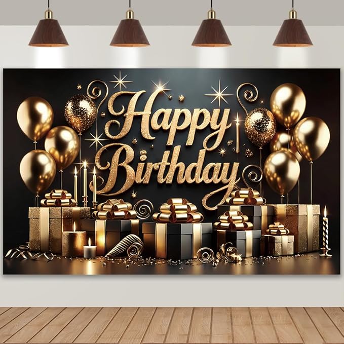 Black Glod Birthday Party Backdrop Luxury Black Glod Happy Birthday Banner Photography Background for Home Decorations Party Supplies 70.8 x 47.2 Inch