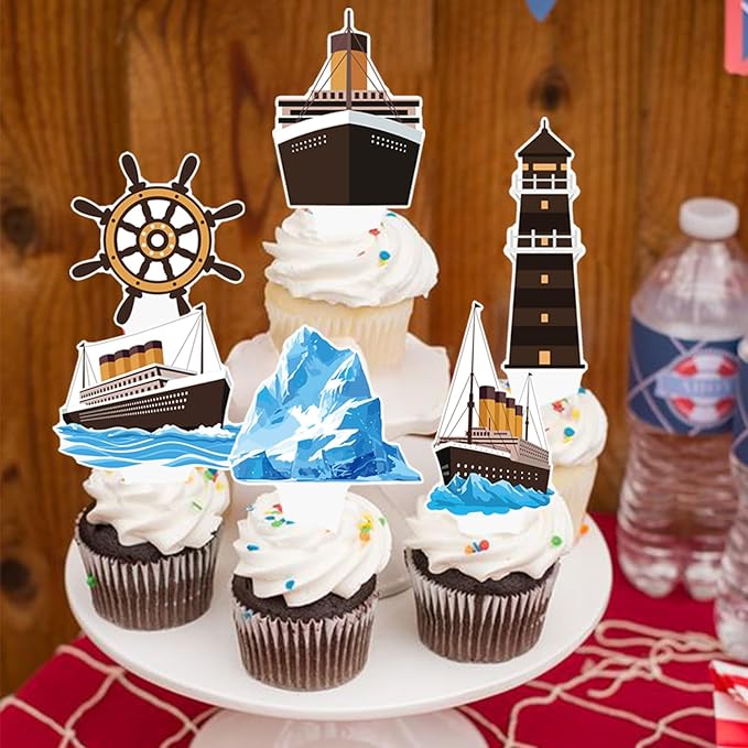 48PCS Nautical Party Cupcake Toppers Cruise Ship Birthday Party Decorations Ocean Ship Cake Decorations Iceberg Lighthouse Cupcake Picks for Cruise Liner Nautical Theme Birthday Baby Shower Supplies