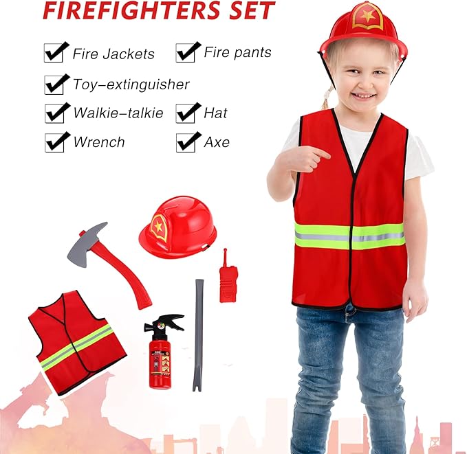 Vicenpal 5 Sets Kids Dress up Clothes Doctor Kids Explorer Costume Lab Coat Chef Outfit Fireman Costume with Accessories Set Toddler Children Cosplay