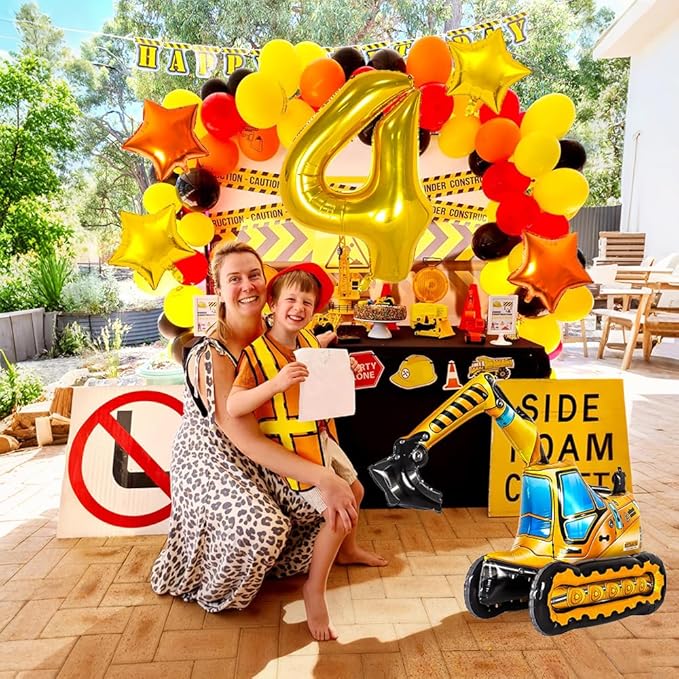 Construction Balloons, Self Standing 4D Excavator Balloon, Golden and Orange Star Balloon, Number 4 Foil Balloons for Kids 4th Birthday Party Decorations Supplies.(4th)