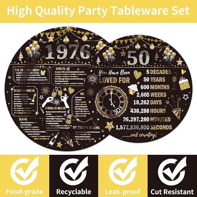96PCS 50th Birthday Plates and Napkins Party Supplies 50th Birthday Decorations for Women Men 50th Anniversary Decorations Cheers to 50 Years Vintage Tableware Sets Serve 24 Guests
