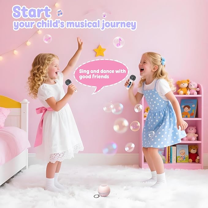 Mini Karaoke Machine for Kids Gifts,3 4 5 6 7 8 9 10 11 12+ Years Old Girl Boy Birthday Gifts Party Singing Toys,Portable Bluetooth Speaker with 2 Wireless Microphone for Teens,Simple Button (Pink)