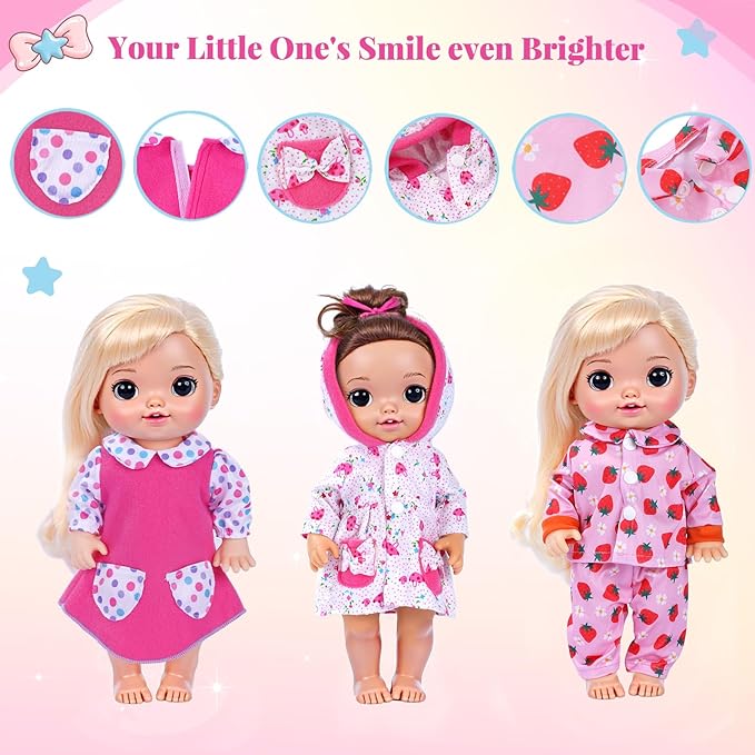 BABESIDE 10 Sets Alive Baby Doll Clothes & Accessories for 8/10/11 Inch Baby Dolls, Includes Cute Jumpsuit & Skirts, 3+ Year Old Girls Gifts, Pretend Play