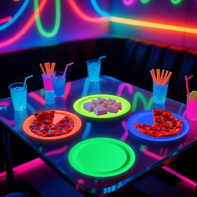 50 Pcs Colorful Neon Party Plates - Glow in the Dark Supplies Neon Birthday Paper Plates for Let's Glow Party Decorations Halloween, 9 x 9 inches
