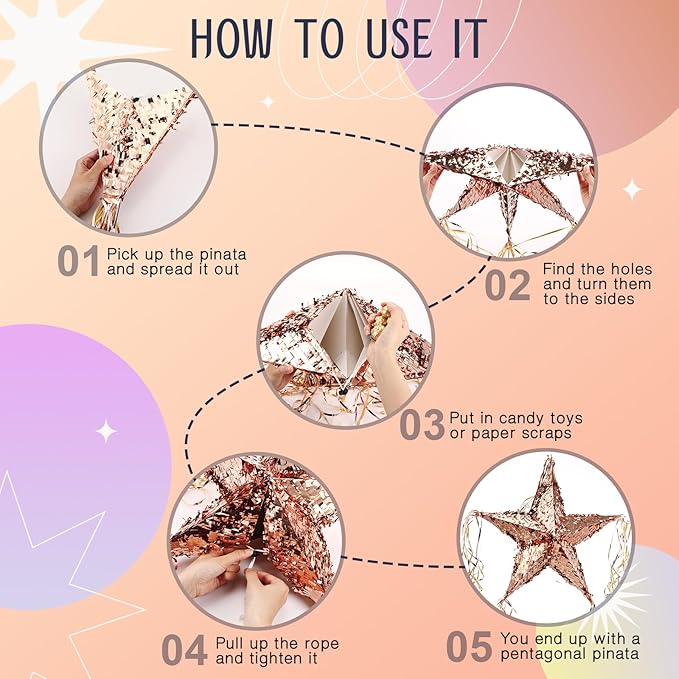 Hanaive Foil Star Piñata with Blindfold and Bat for Birthday Foldable Star Shape Piñata with Stick Festive Fiesta Party Supplies Favors for Mexican Party (Rose Gold)