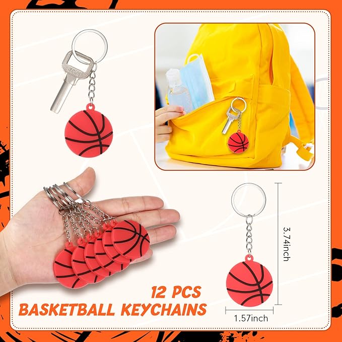 LEIFIDE 48 Pcs Basketball Party Favors 12 Sets Silicone Bracelet Drawstring Treat Bag Mini Stress Ball Keychains for Basketball Birthday Party Supplies