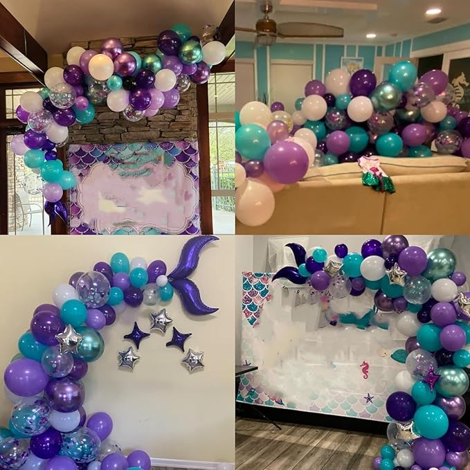 Mermaid Balloon Arch Kit with Tail Mermaid Theme Balloon Garland Pastel Pink Purple Blue Green Metallic Silver Latex Balloons Confetti Shell Foil Balloon Under the Sea Party Decorations Girls Birthday