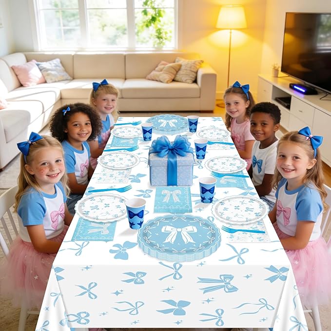 Blue Bow Party Supplies Set for 20 Guests, Including Tablecloths, Forks, Napkins and Plates for Blue Bow Birthday Decorations Coquette Birthday Party Bachelorette