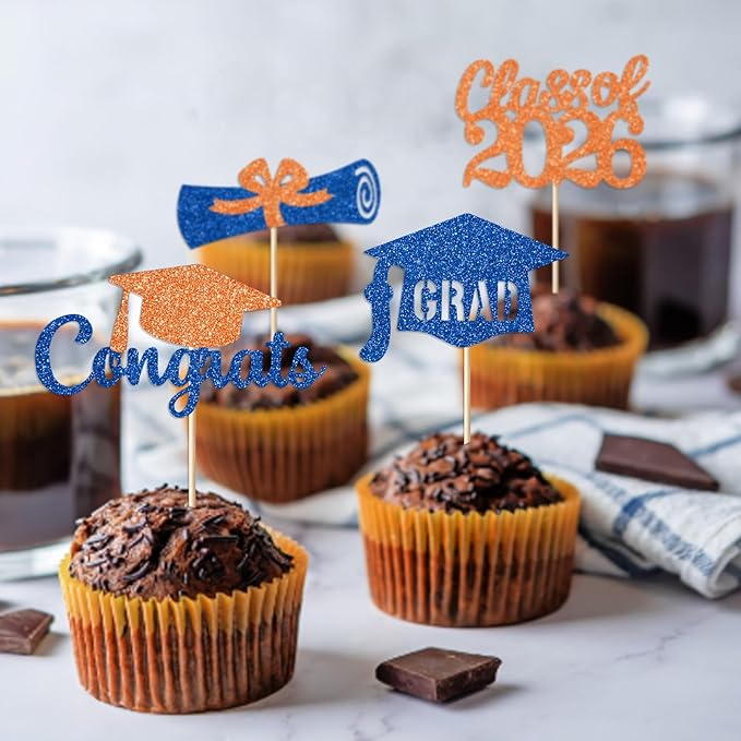 Blue and Orange Graduation Cupcake Toppers Decorations Class of 2026 Cupcake Topper Graduation Cup Cake Picks Congrats Grad Party Decor Supplies Set of 24
