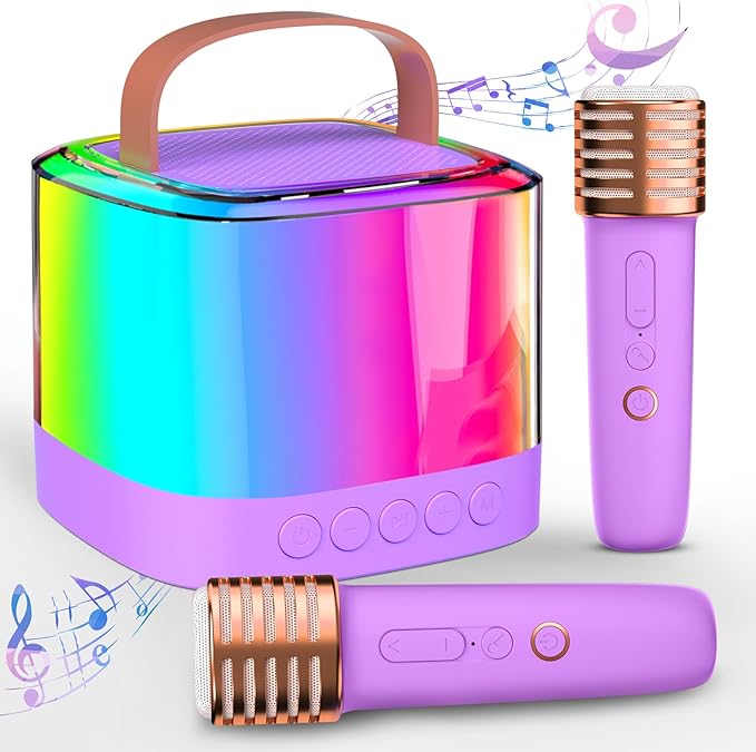 Mini Karaoke Machine for Kids Ages 2-12, Portable Wireless Karaoke Speaker with LED Party Lights & 2 Wireless Microphones, Perfect Birthday & Holiday Toys Gifts for Girls Boys（Q21-Purple）