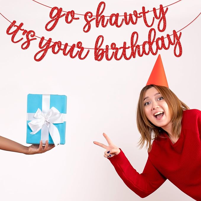 Go Shawty It's Your Birthday Banner, Hip Hop Birthday Party Decorations Supplies, Rap Theme Bday Bunting Sign, Pre-strung, Photo Props (Red)