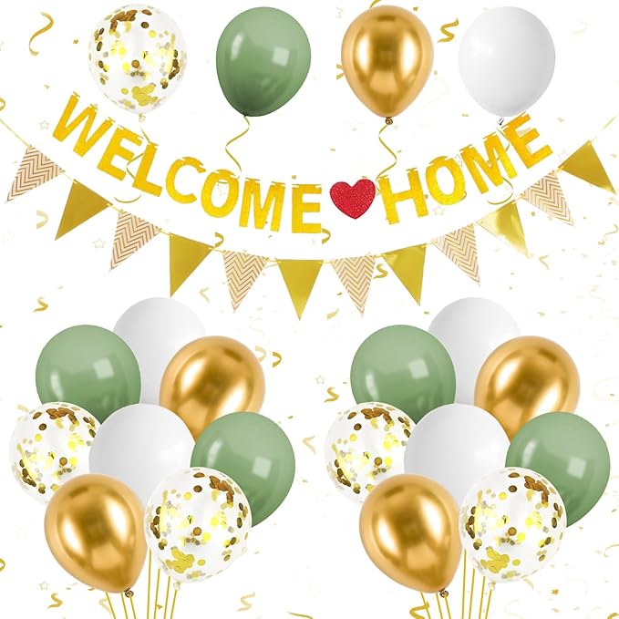 Welcome Home Decorations,Green Gold Welcome Home Balloons Banners Set Glitter Banner with Confetti Balloons,Pennant Flag Bunting for Home Family Baby Shower Welcome Back Party Supplies