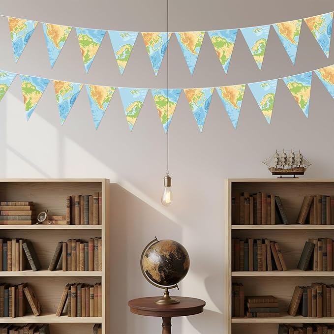HESTYA 5 Pieces 49 Feet Travel Themed Party Decoration Bon Voyage Map Pennant Banner Around The World Themed Triangle Flag Bunting Banner for Graduation Classroom Farewell Retired Party Decor Supplies
