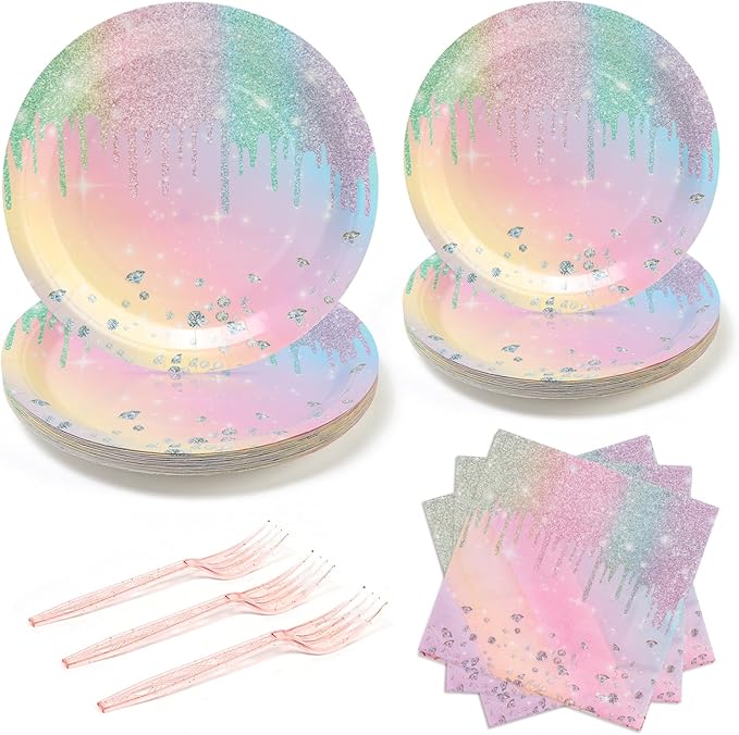 96Pcs Colorful Diamonds Plates Party Supplies Kpop Paper Plates and Napkins and Forks Baby Shower Kids Birthday Party Decorations, Serves 24