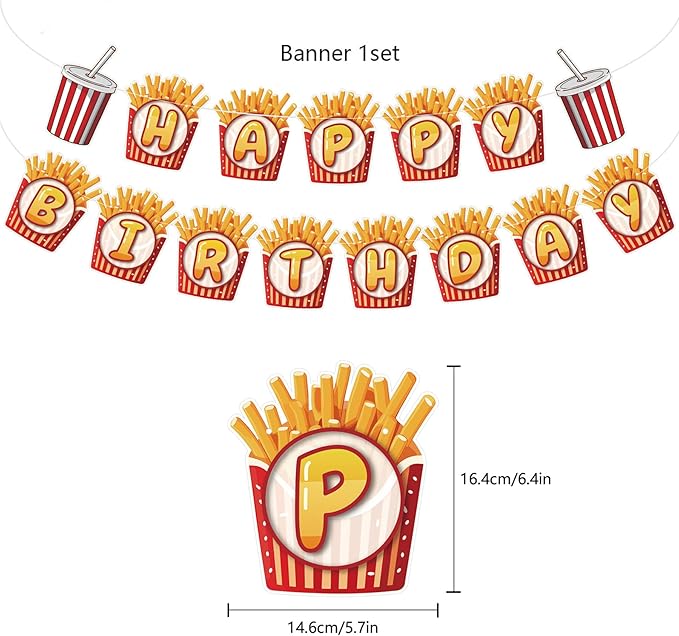 French Fries Birthday Party Supplies French Fries Party Decorations Include HAPPY BIRTHDAY Banner Balloons Cake Topper Cupcake Toppers Fast Food Birthday Party Decorations