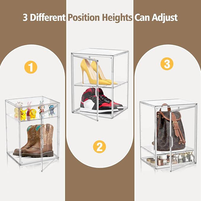 Clear Acrylic Display Case for Figures 4-Tier Collectibles Storage Box with 3 Dividers Stackable Display Stand for Action Figures, Handbag, Shoes,1 Pcs