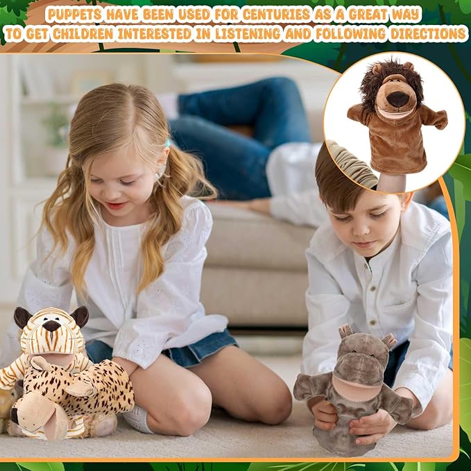 4 Pcs Hand Puppet Animal with Working Mouth 9.8 Inch Animal Puppet Soft Plush Toy for Storytelling Theater Preschool Birthday Gifts(Leopard, Hippo, Lion, Tiger)