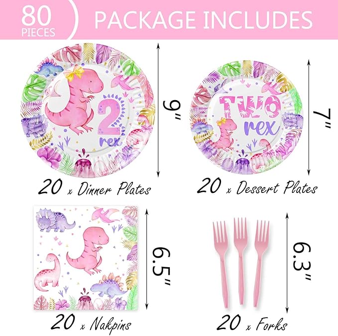 80 Pcs Watercolor Dinosaur 2nd Birthday Decorations 2 Rex Pink Dino Birthday Tableware Includes Plates, Forks, Napkins for Girls Roar I'm 2 Dinosaur Two Year Old Birthday Party Supplies Favors