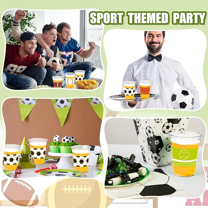 100Pcs Sports Party Decoration Cups, 12Oz Sports Plastic Disposable Cups for Football Soccer Basketball Baseball Birthday Party Decorations Supplies Favors