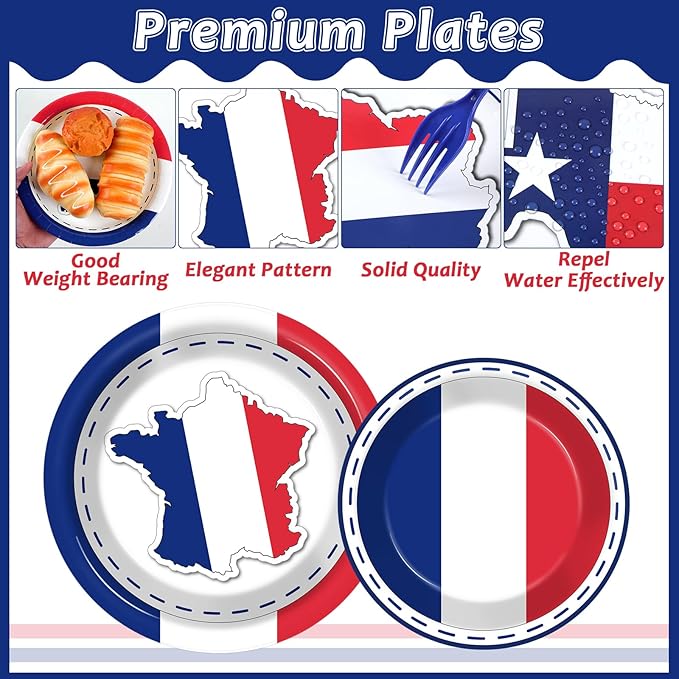 gisgfim 96Pcs France French Flag Party Supplies Paper Plates Napkins France Flag Party Tableware Set National Theme Party Decorations Favors for French Family Gathering Birthday Dining Serves 24