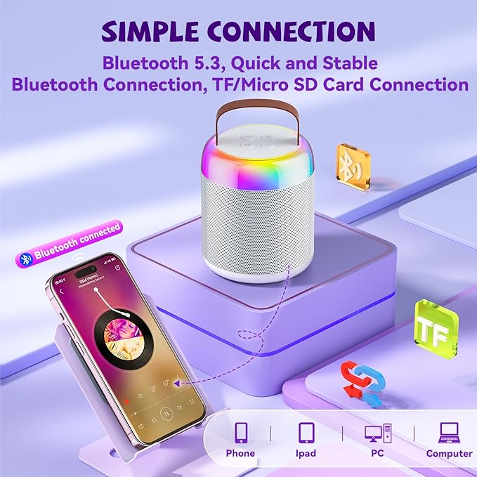 Mini Karaoke Machine for Kids, Portable Bluetooth Speaker with Wireless Microphones, Gift for Girls Toys 4, 5, 6, 7, 8, 10, 12+ Years Old Birthday Family Home Party(Y2-White-1 Mic)