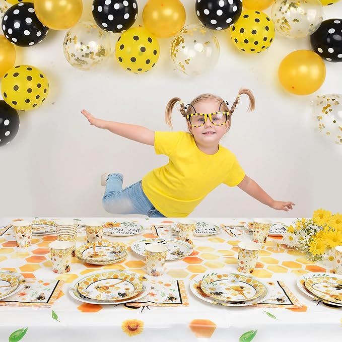 WERNNSAI Bee Birthday Decorations - 64 PCS Bee Plates Napkins and Cups Honeybee Baby Shower Decorations Paper Plates Cups Napkins Dinnerware for Kids Boys Girls Birthday Serves 16 Guests