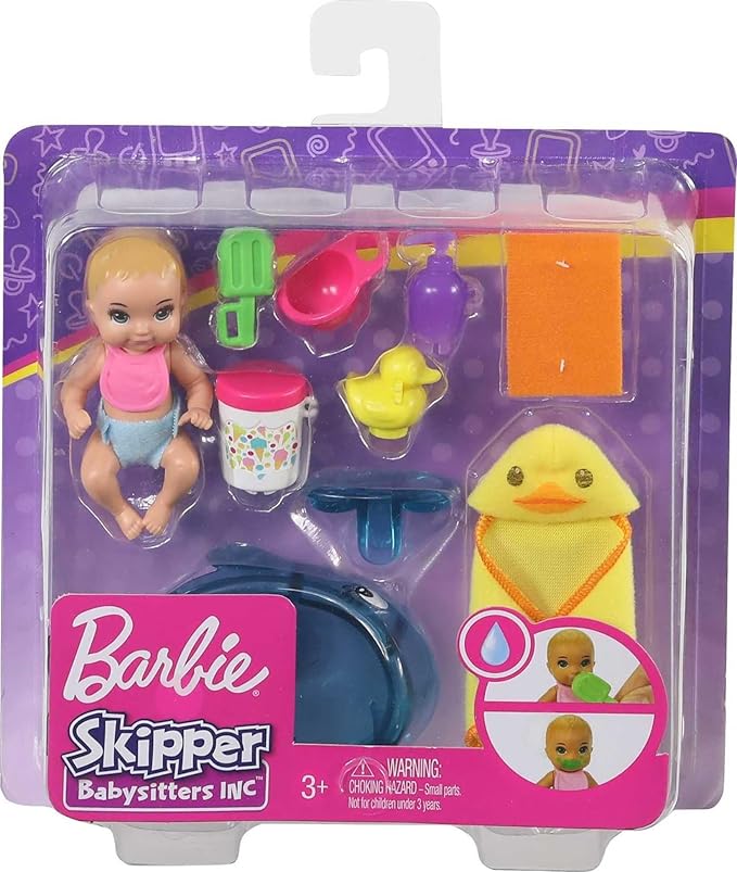 Barbie Skipper Babysitters Inc. Feeding and Bath-Time Playset with Color-Change Baby Doll, Bathtub, Popsicle Sponge and Bath-Time Accessories Including Duck-Shaped Towel