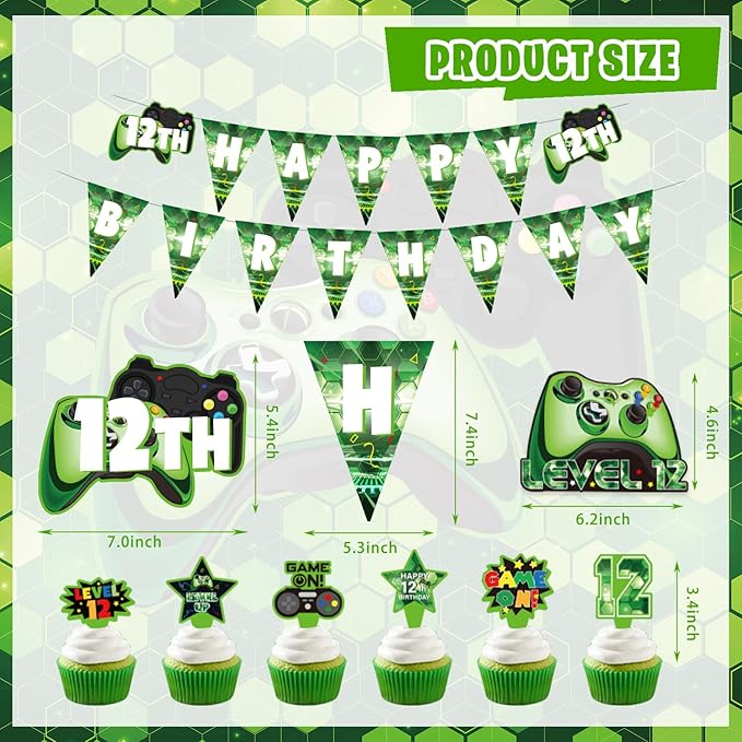 12th Birthday Decorations for Boys, 149Pcs Green Video Game level 12 Party Supplies for Boy 12th Birthday - Backdrop, Banner, Tablecloth, Centerpieces, Hanging Swirl, Hat, Wall Signs
