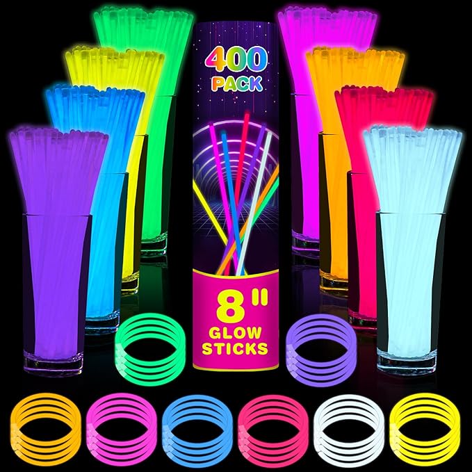 400 Pcs 8 inch Ultra Bright Glow Sticks Bulk Party Favors Pack,Christmas,Easter, Football, Birthday Decorations,Light Up Necklaces and Bracelets with 400 Connectors