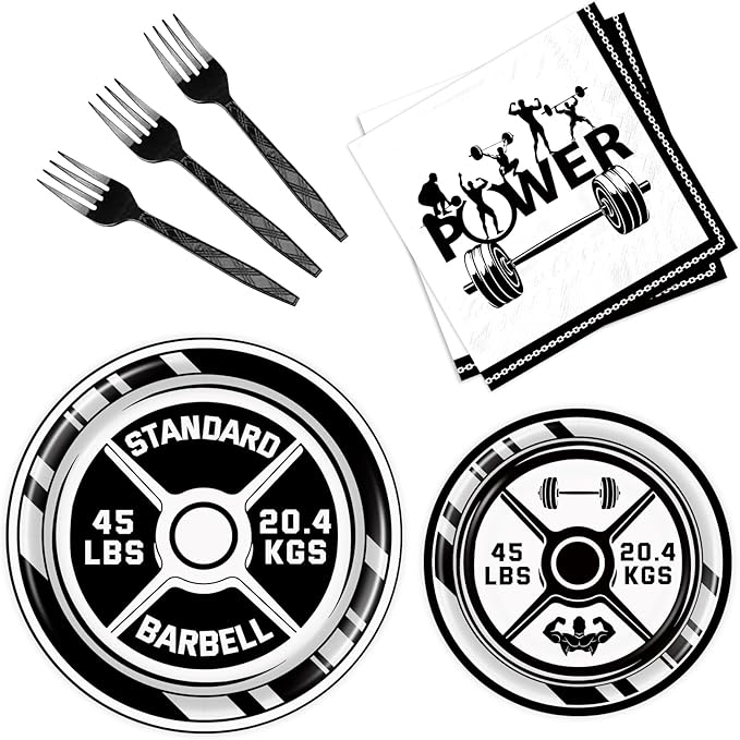 BQC 96 Pcs Gym Party Plates & Decorations - Birthday Party Supplies & Favors