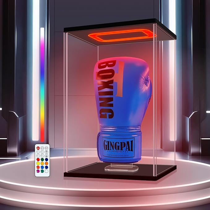 Boxing Glove Display Case,LED-Lit Clear Acrylic Showcase with Black Base & Holder for Single Glove, Full Size UV Protection Souvenirs & Collectibles Box, Ideal Gift for Boxing Fans