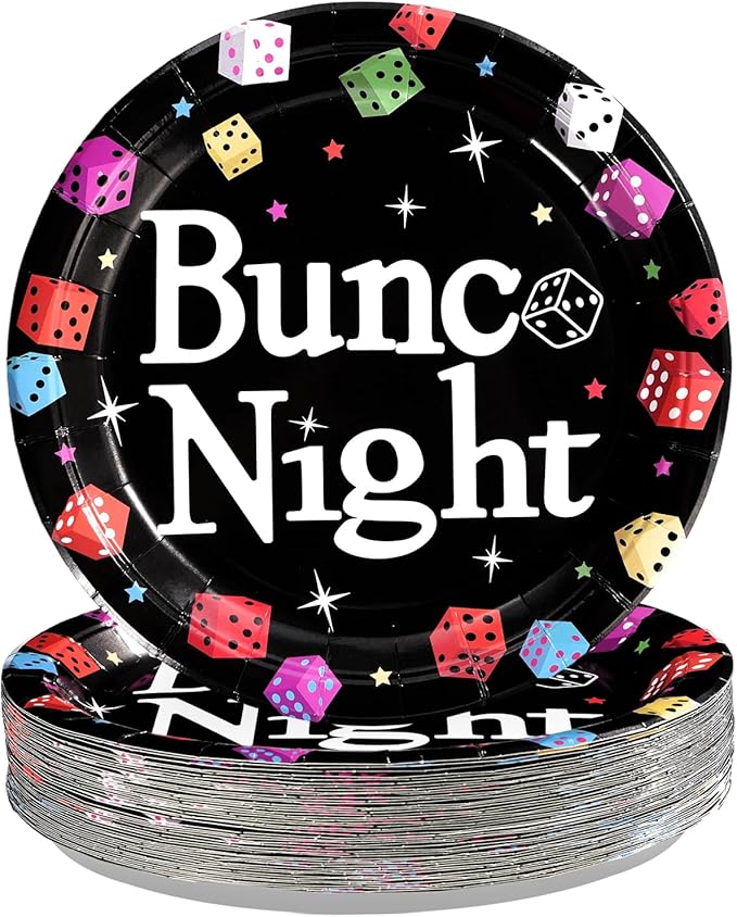 50Pcs Dice Party Supplies 10” Heavy Duty Disposable Game Night Birthday Party Plates Black Colorful Dice Plates for Game Night Casino Cocktail Let’s Roll Party Decorations